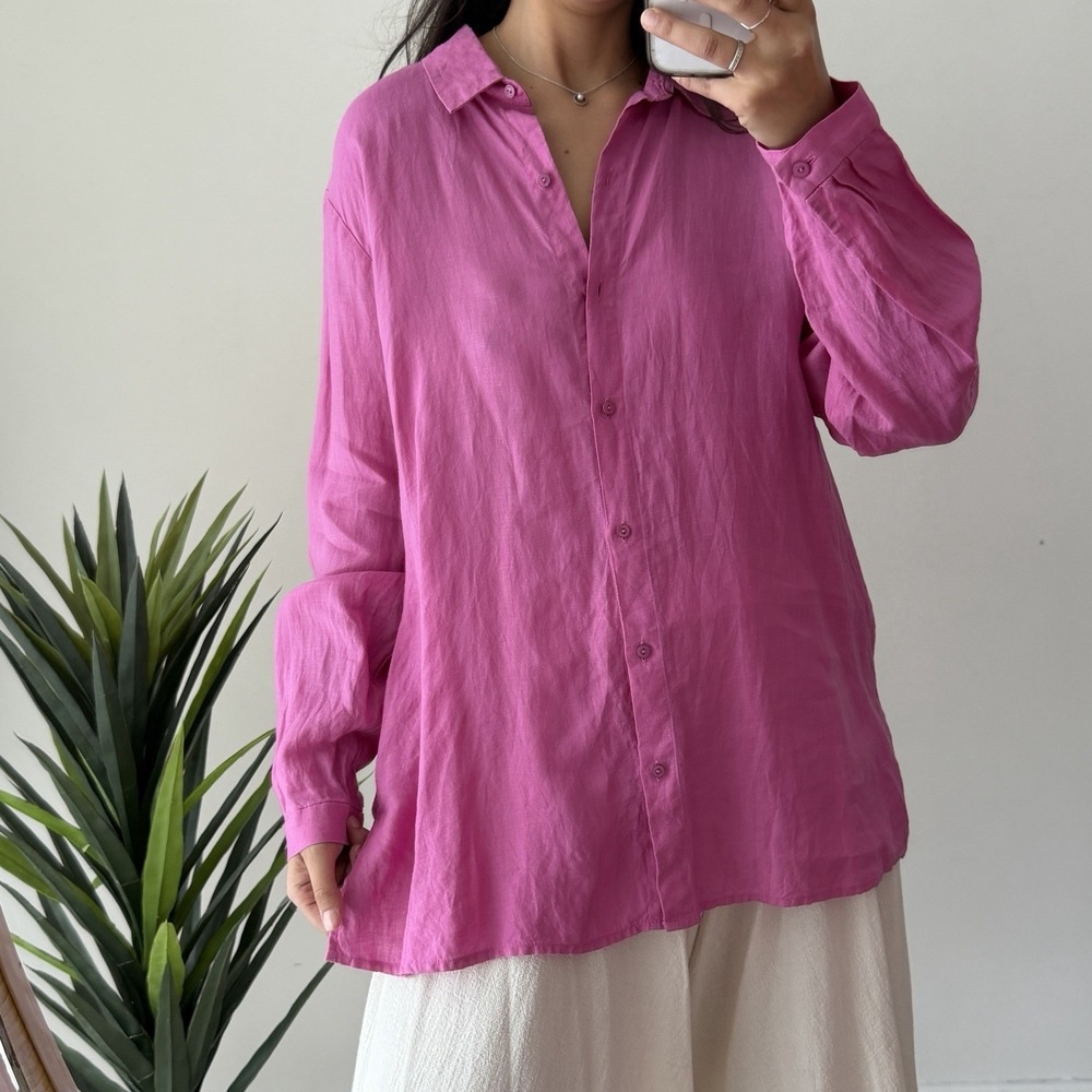 Eileen Fisher Blouse sz Medium Pink Organic Linen Button Front Shirt Geranium
